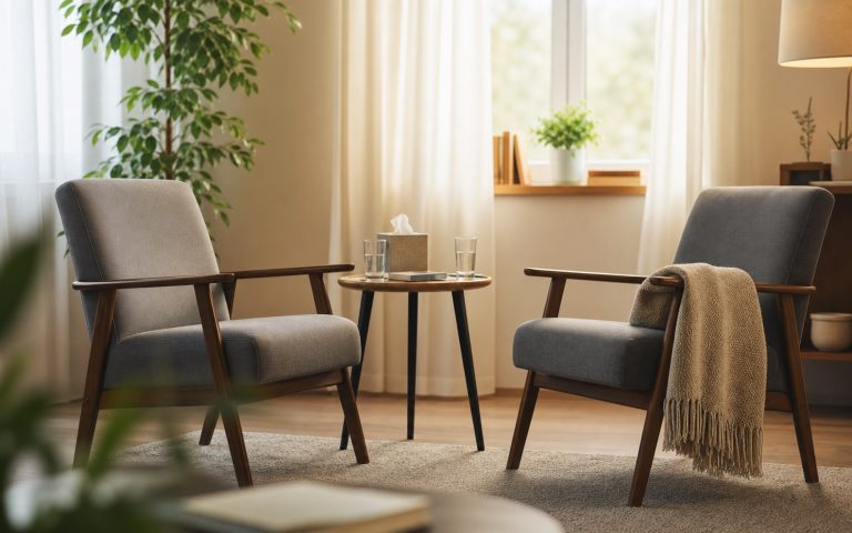 Two chairs in a calm couple counseling room