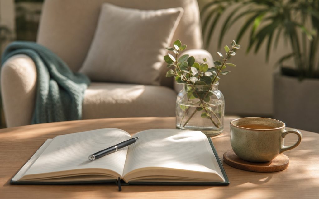 Open journal and tea in a calm therapy room